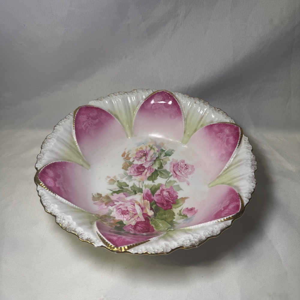 RS Prussia Antique Porcelain Bowl Pink Roses Scalloped Gold Trim 10.25 Inch